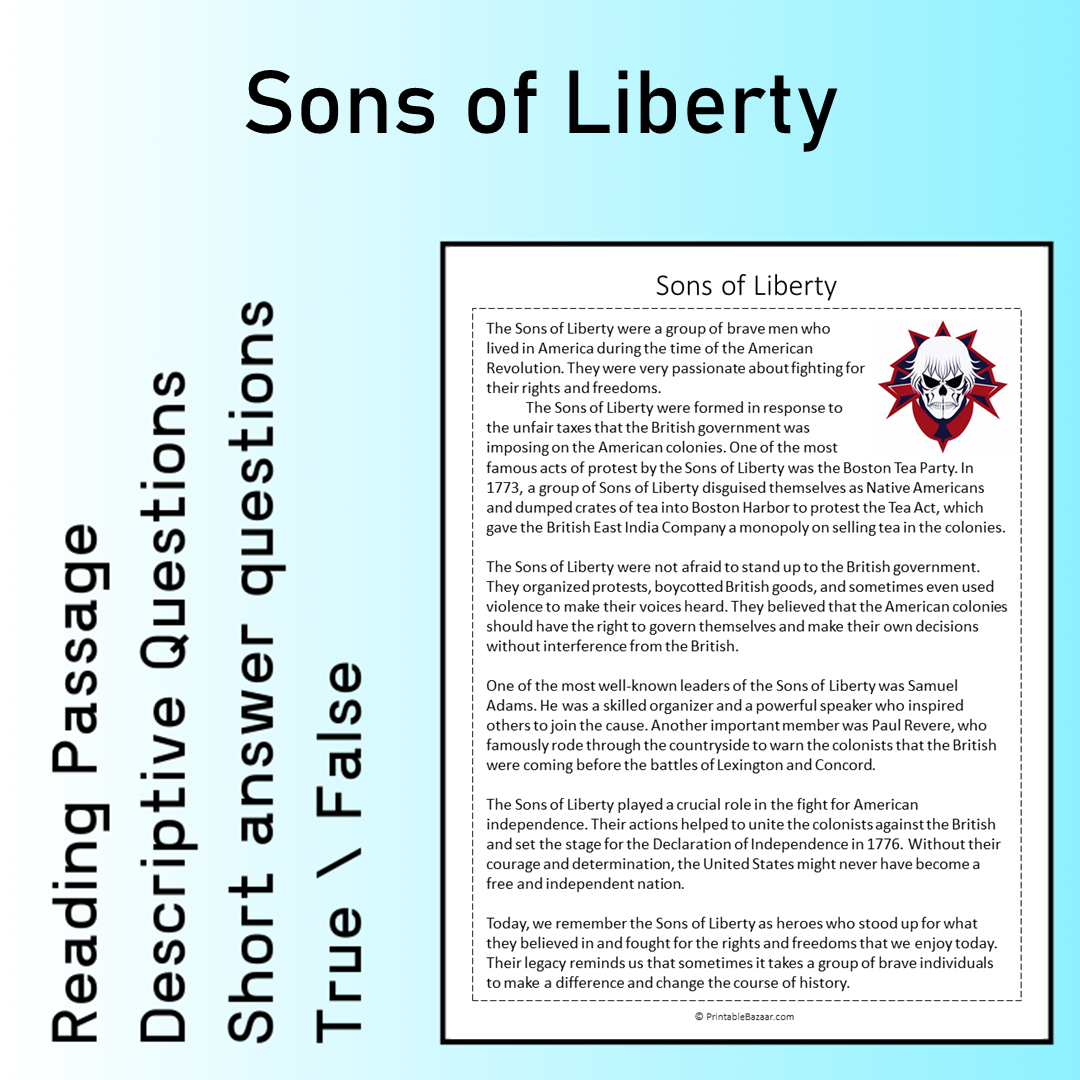 Sons of Liberty | Reading Comprehension Passage Printable Worksheet