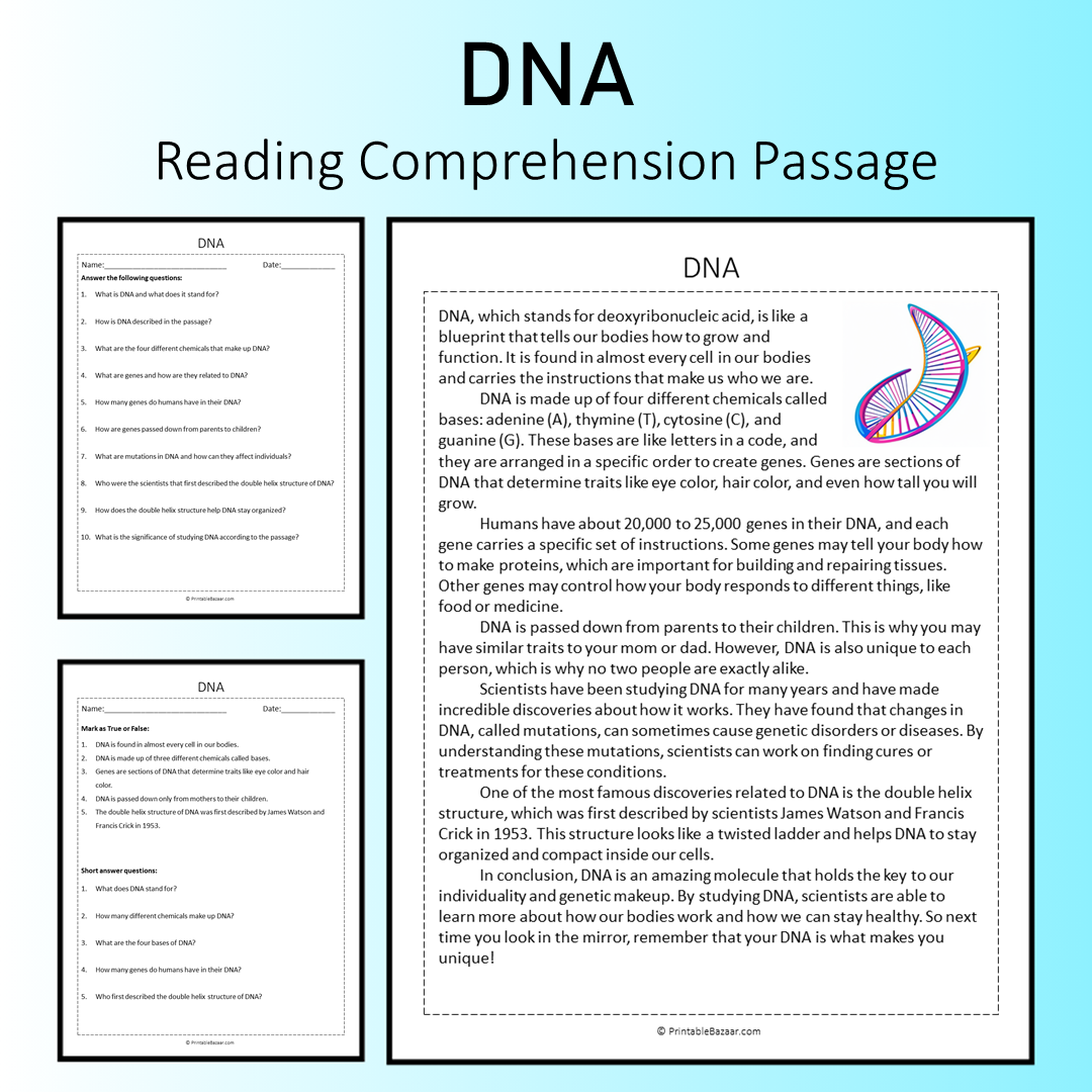 DNA | Reading Comprehension Passage Printable Worksheet
