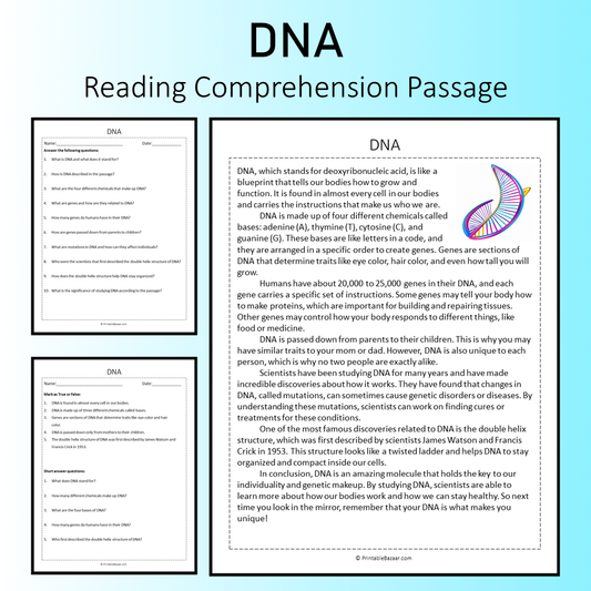 DNA | Reading Comprehension Passage Printable Worksheet