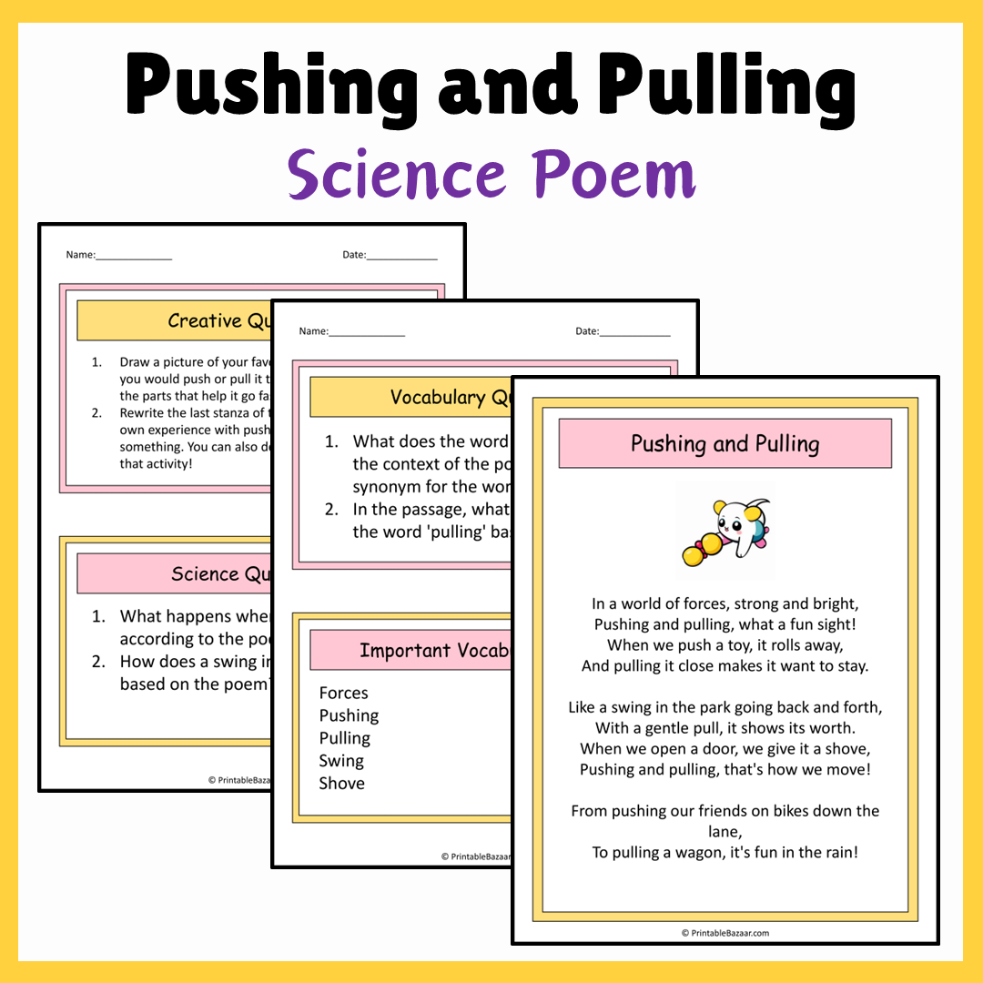 Pushing and Pulling | Science Poem Reading Comprehension Activity