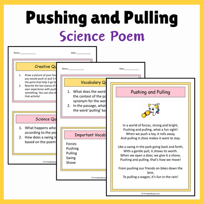 Pushing and Pulling | Science Poem Reading Comprehension Activity