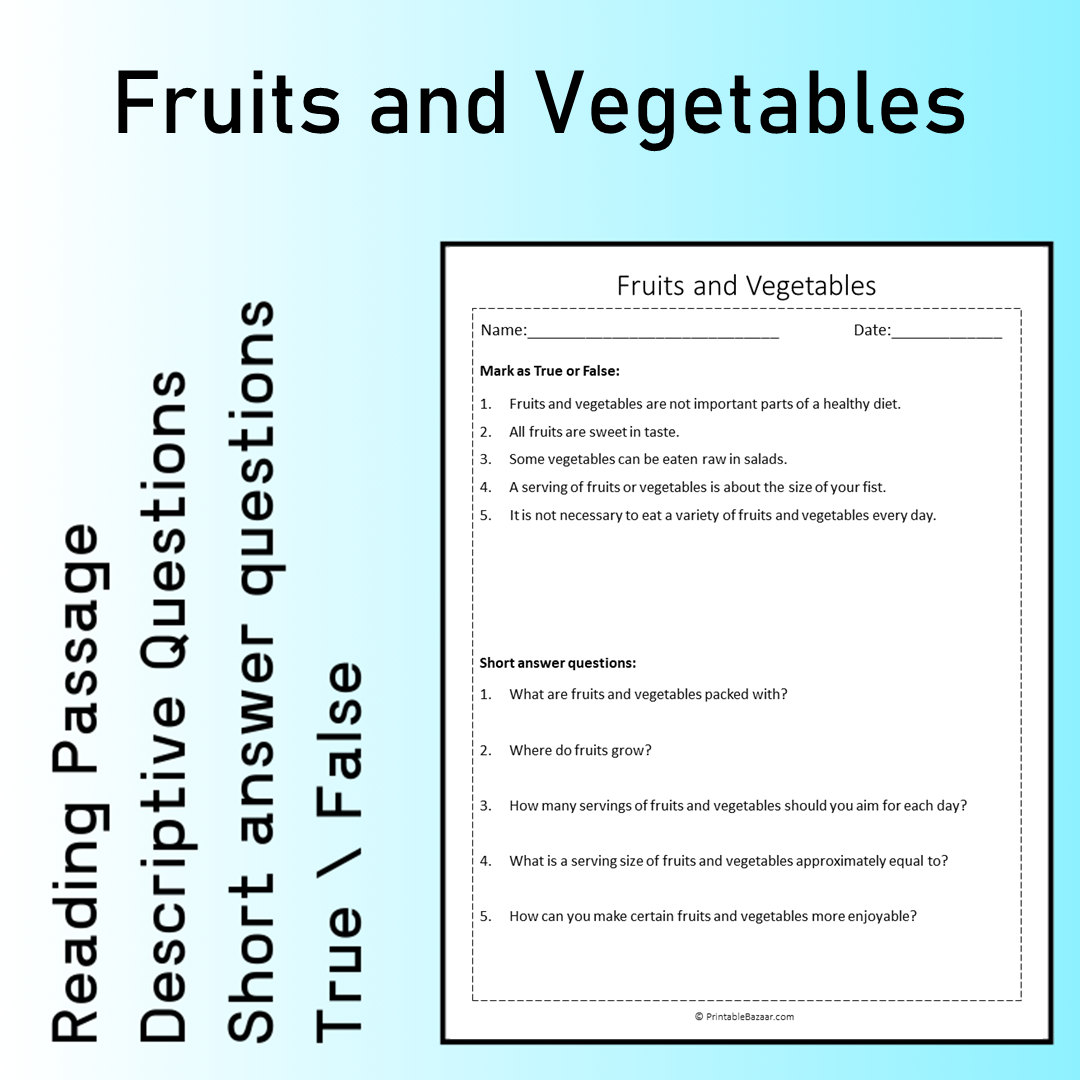 Fruits and Vegetables | Reading Comprehension Passage Printable Worksheet