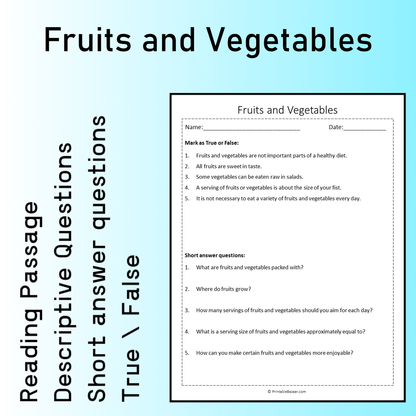 Fruits and Vegetables | Reading Comprehension Passage Printable Worksheet