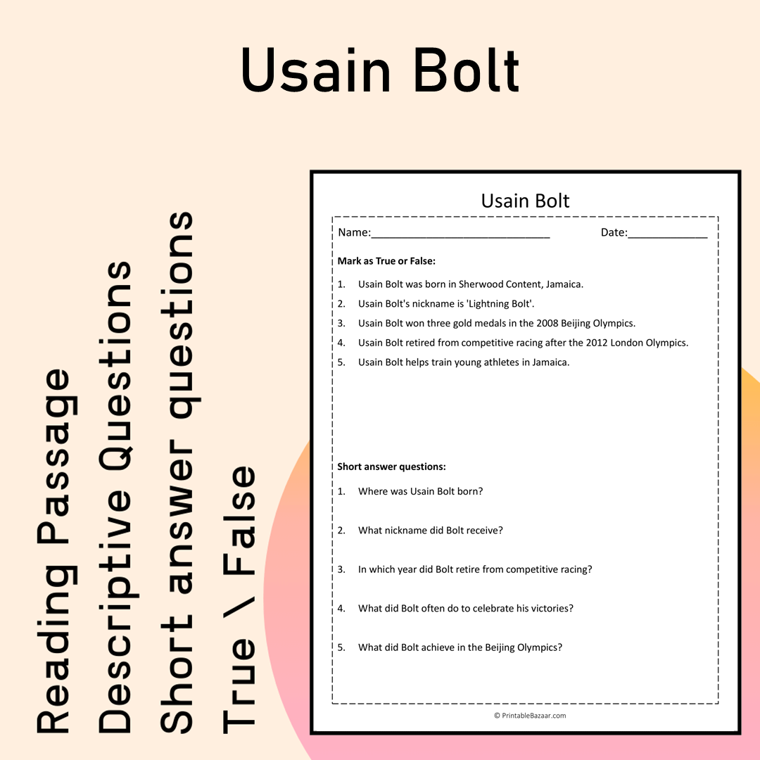 Usain Bolt | Reading Comprehension Passage Printable Activity