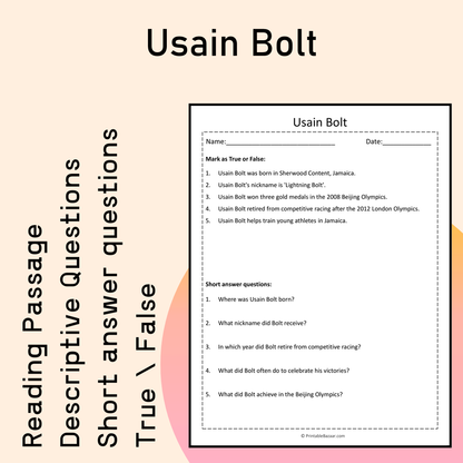 Usain Bolt | Reading Comprehension Passage Printable Activity