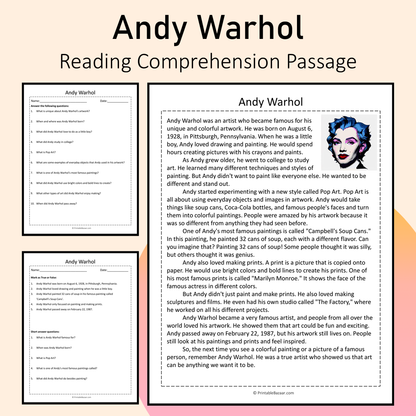 Andy Warhol | Reading Comprehension Passage Printable Activity