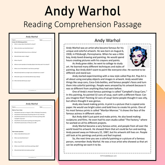 Andy Warhol | Reading Comprehension Passage Printable Activity