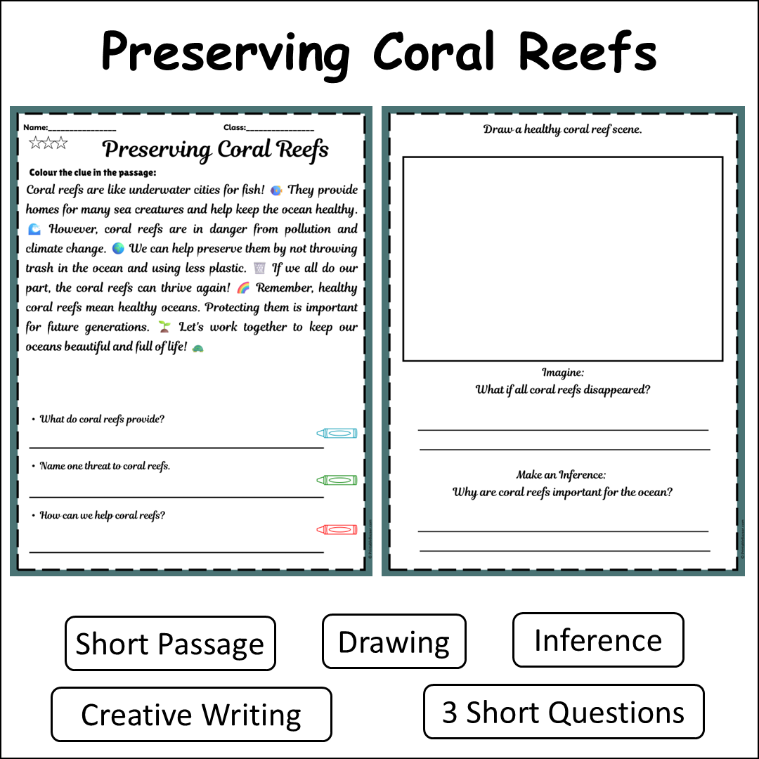 Preserving Coral Reefs | Short Reading Comprehension Creative Worksheet