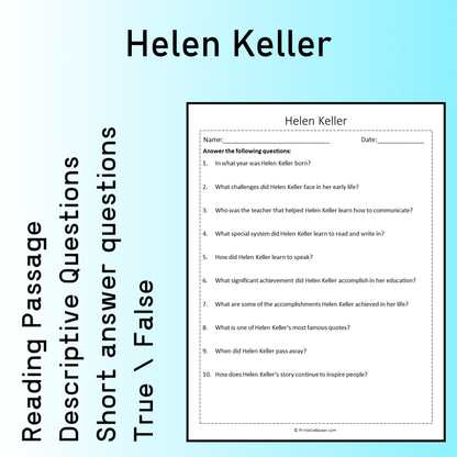 Helen Keller | Reading Comprehension Passage Printable Worksheet