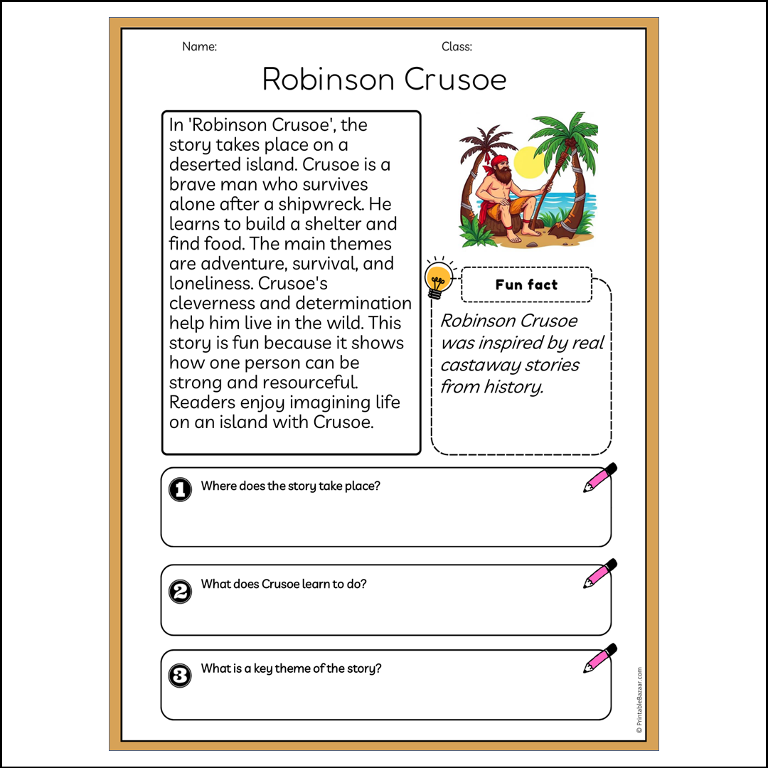 Robinson Crusoe | Reading Passage Comprehension Questions Writing Facts Worksheet