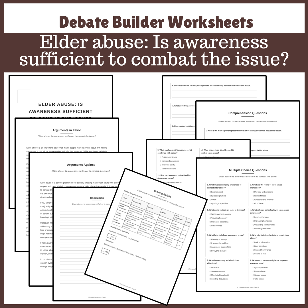 Elder abuse: Is awareness sufficient to combat the issue? | Favour and Against Worksheet Printable Activity
