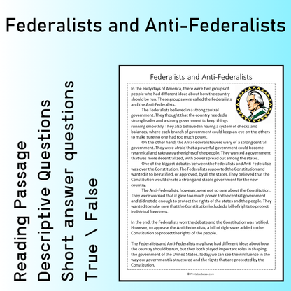 Federalists and Anti-Federalists | Reading Comprehension Passage Printable Worksheet