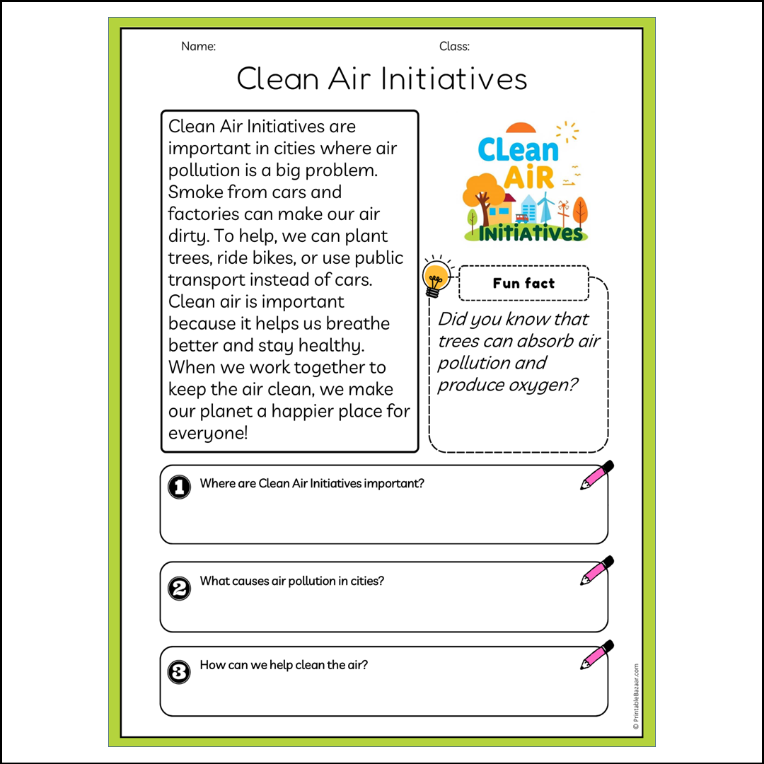 Clean Air Initiatives | Reading Passage Comprehension Questions Writing Facts Worksheet