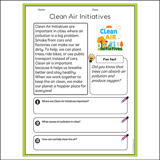 Clean Air Initiatives | Reading Passage Comprehension Questions Writing Facts Worksheet