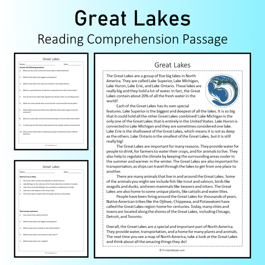 Great Lakes | Reading Comprehension Passage Printable Worksheet