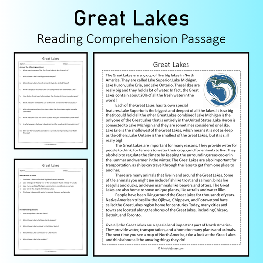 Great Lakes | Reading Comprehension Passage Printable Worksheet