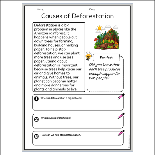 Causes of Deforestation | Reading Passage Comprehension Questions Writing Facts Worksheet