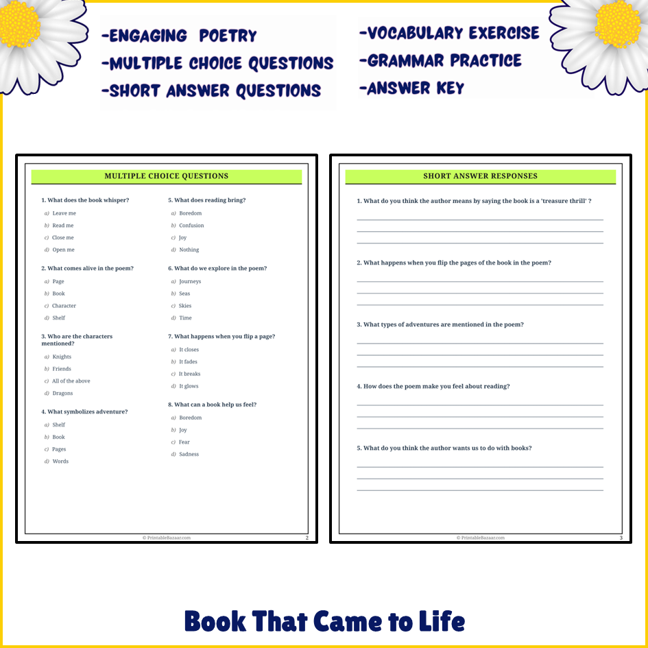 Book That Came to Life | Poem Grammar Worksheet Printable Activity