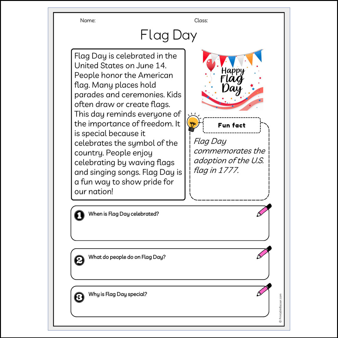 Flag Day | Reading Passage Comprehension Questions Writing Facts Worksheet