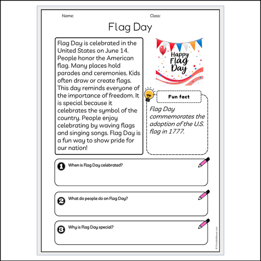 Flag Day | Reading Passage Comprehension Questions Writing Facts Worksheet