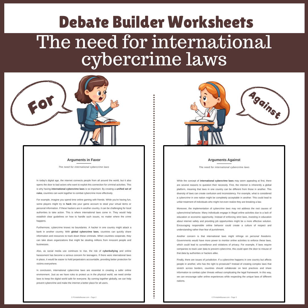 The need for international cybercrime laws | Favour and Against Worksheet Printable Activity