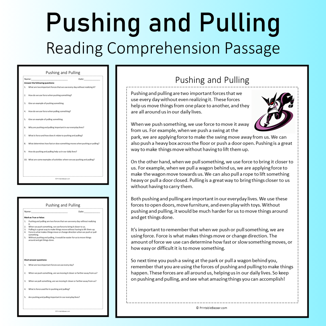 Pushing and Pulling | Reading Comprehension Passage Printable Worksheet