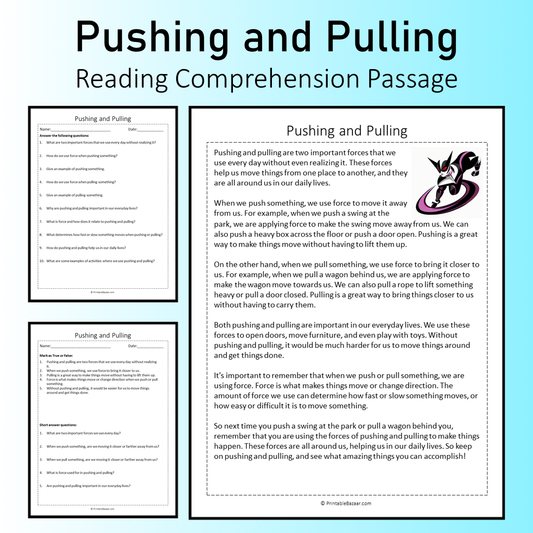 Pushing and Pulling | Reading Comprehension Passage Printable Worksheet