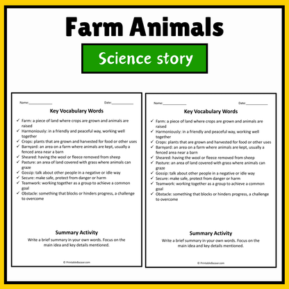 Farm Animals | Science Story Reading Comprehension Activity