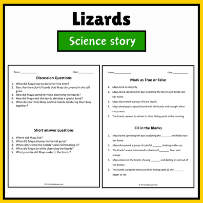 Lizards | Science Story Reading Comprehension Activity