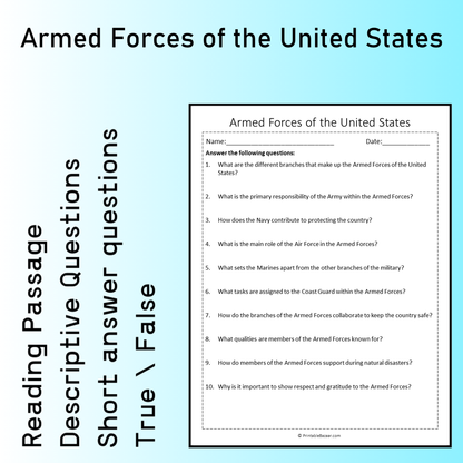 Armed Forces of the United States | Reading Comprehension Passage Printable Worksheet