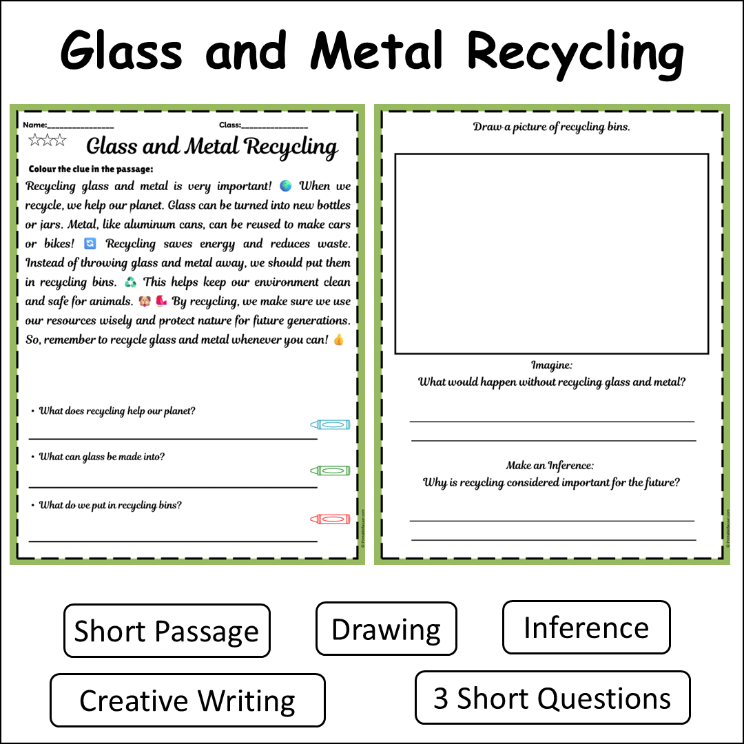 Glass and Metal Recycling | Short Reading Comprehension Creative Worksheet