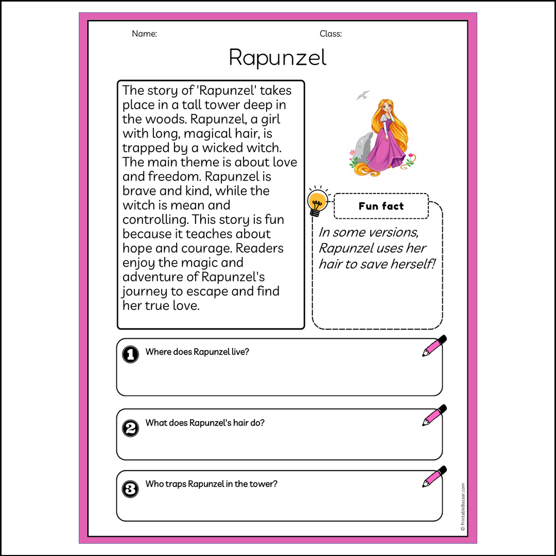 Rapunzel | Reading Passage Comprehension Questions Writing Facts Worksheet