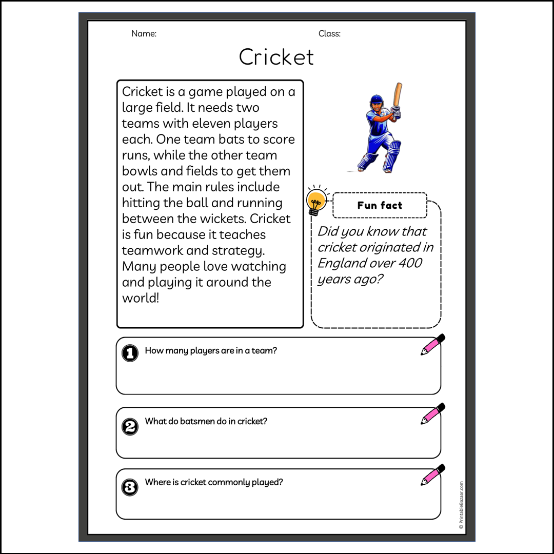 Cricket | Reading Passage Comprehension Questions Writing Facts Worksheet