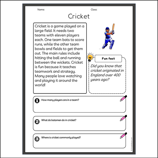 Cricket | Reading Passage Comprehension Questions Writing Facts Worksheet