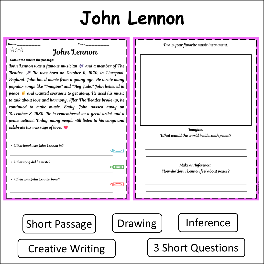 John Lennon | Short Reading Comprehension Creative Worksheet