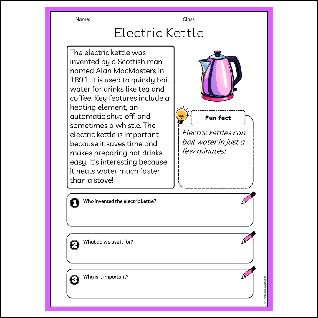 Electric Kettle | Reading Passage Comprehension Questions Writing Facts Worksheet