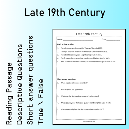 Late 19th Century | Reading Comprehension Passage Printable Worksheet