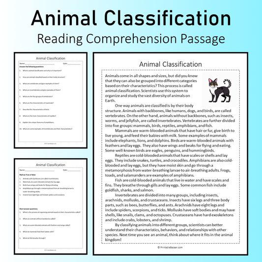 Animal Classification | Reading Comprehension Passage Printable Worksheet