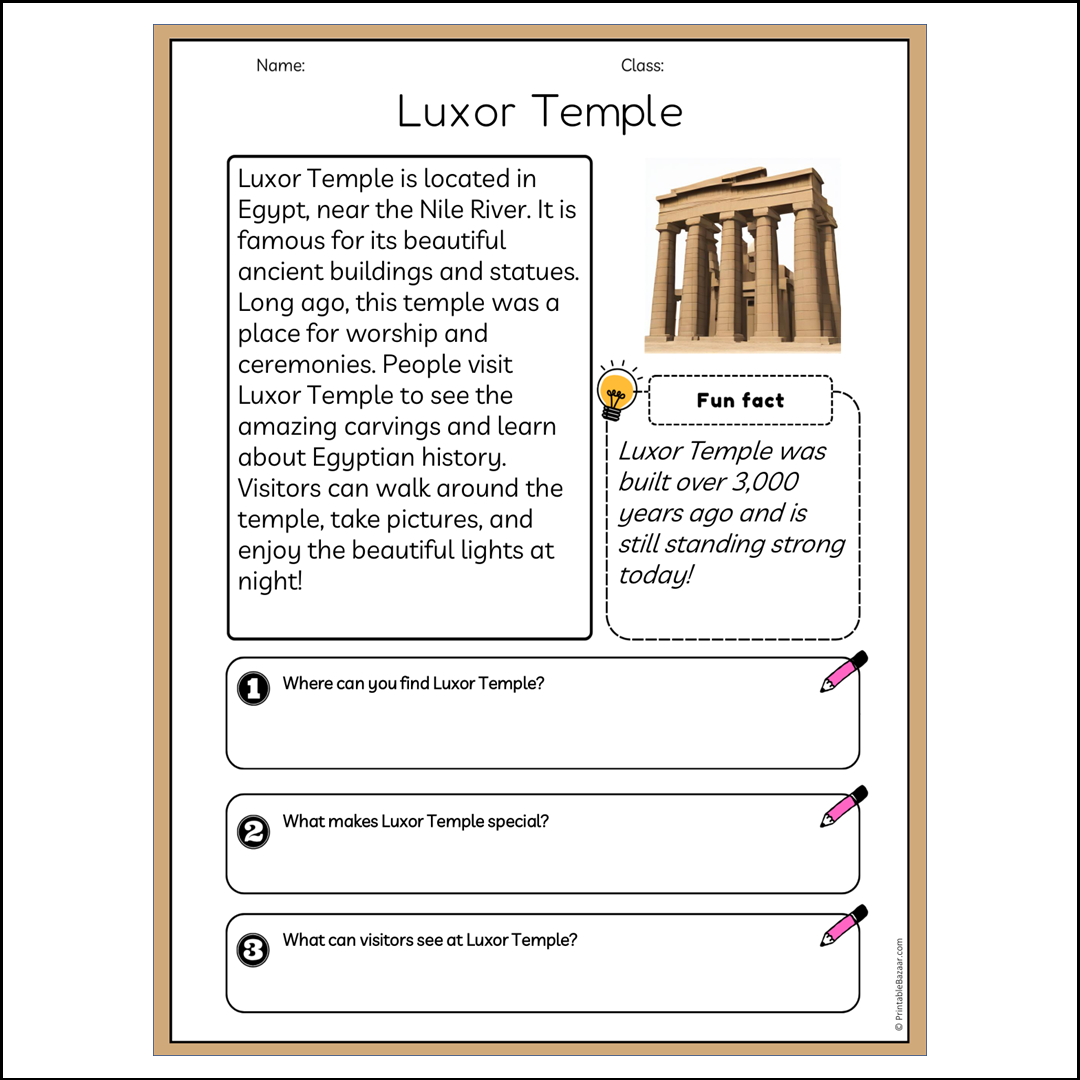 Luxor Temple | Reading Passage Comprehension Questions Writing Facts Worksheet