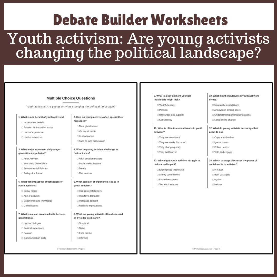 Youth activism: Are young activists changing the political landscape? | Favour and Against Worksheet Printable Activity