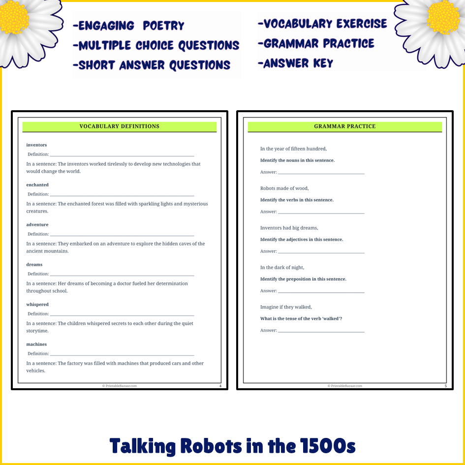 Talking Robots in the 1500s | Poem Grammar Worksheet Printable Activity