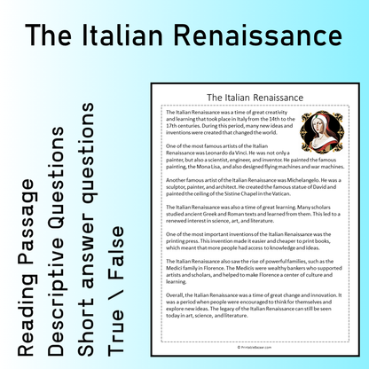 The Italian Renaissance | Reading Comprehension Passage Printable Worksheet