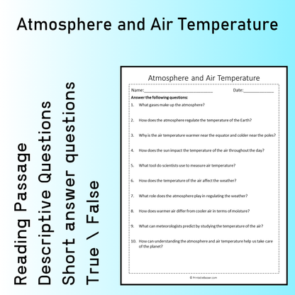 Atmosphere and Air Temperature | Reading Comprehension Passage Printable Worksheet