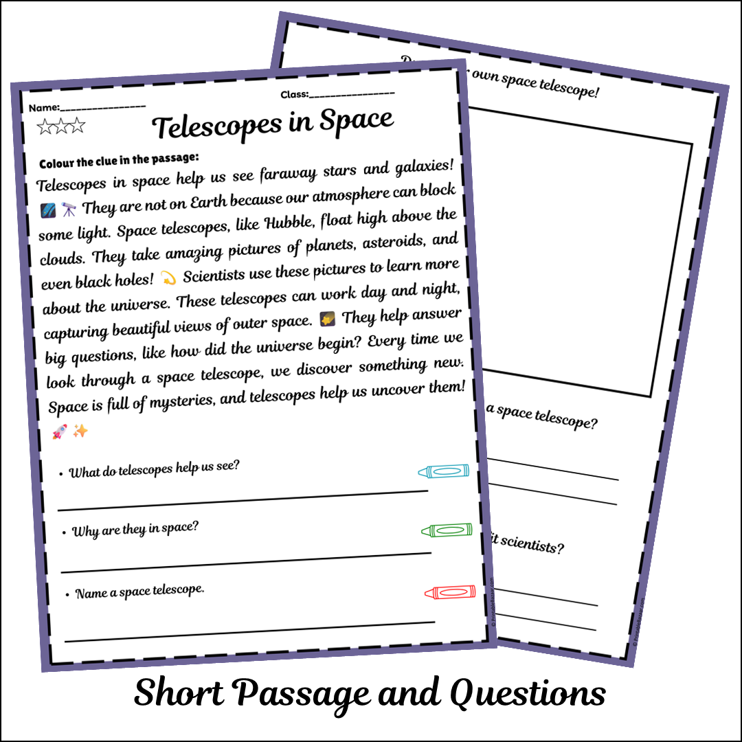 Telescopes in Space | Short Reading Comprehension Creative Worksheet