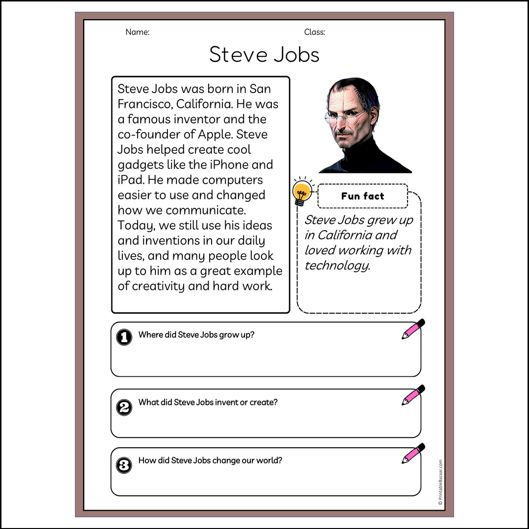 Steve Jobs | Reading Passage Comprehension Questions Writing Facts Worksheet