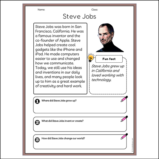 Steve Jobs | Reading Passage Comprehension Questions Writing Facts Worksheet