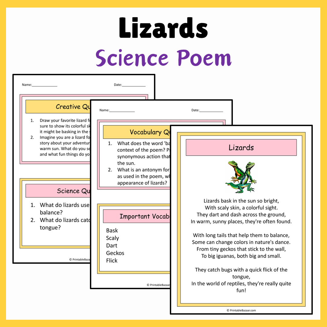 Lizards | Science Poem Reading Comprehension Activity