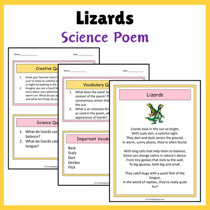 Lizards | Science Poem Reading Comprehension Activity