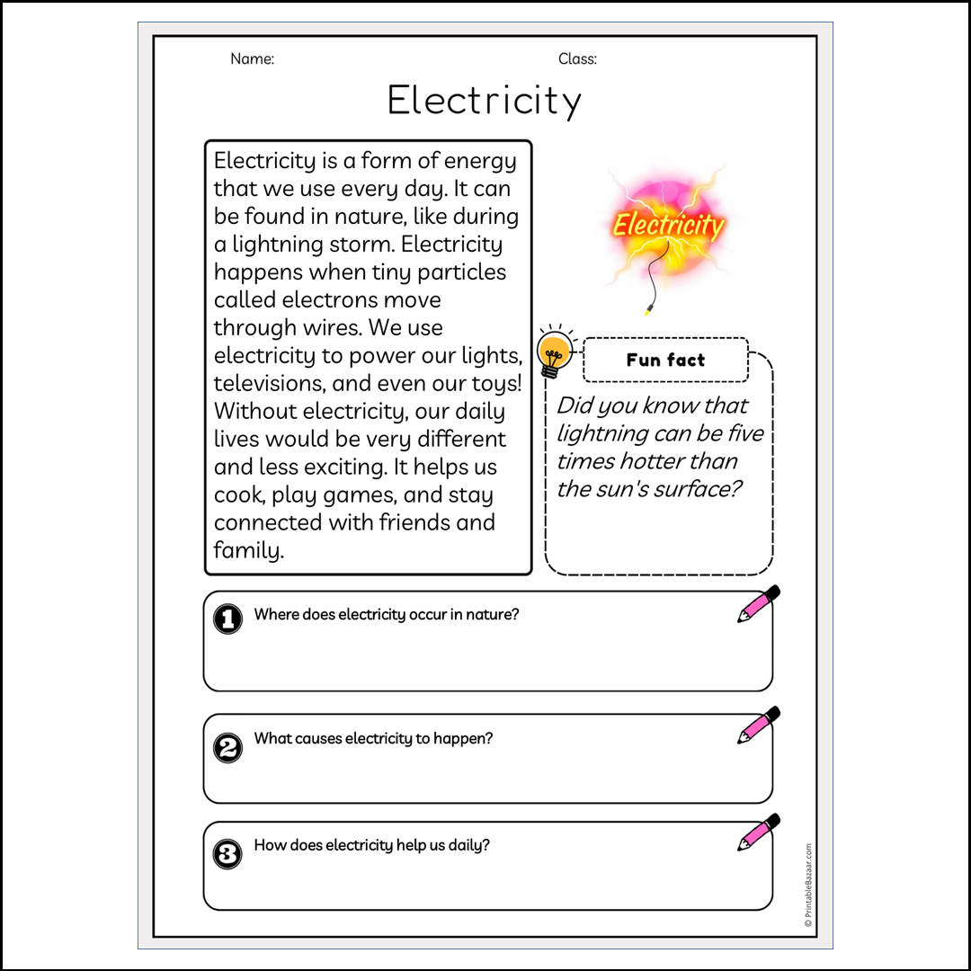 Electricity | Reading Passage Comprehension Questions Writing Facts Worksheet