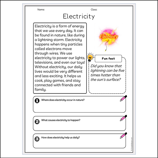 Electricity | Reading Passage Comprehension Questions Writing Facts Worksheet